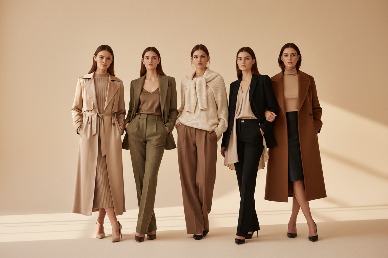 Editorial fashion group shot of 4–5 elegant female models wearing minimalist luxury outfits in neutral tones (beige, brown, olive, black). Clean studio background in warm cream. Italian high-fashion aesthetic inspired by Milan boutiques. Natural poses, soft diffused lighting, premium textures (wool, satin, knit). Sophisticated, timeless, elegant look. Full-body composition, modern and minimalistic styling.